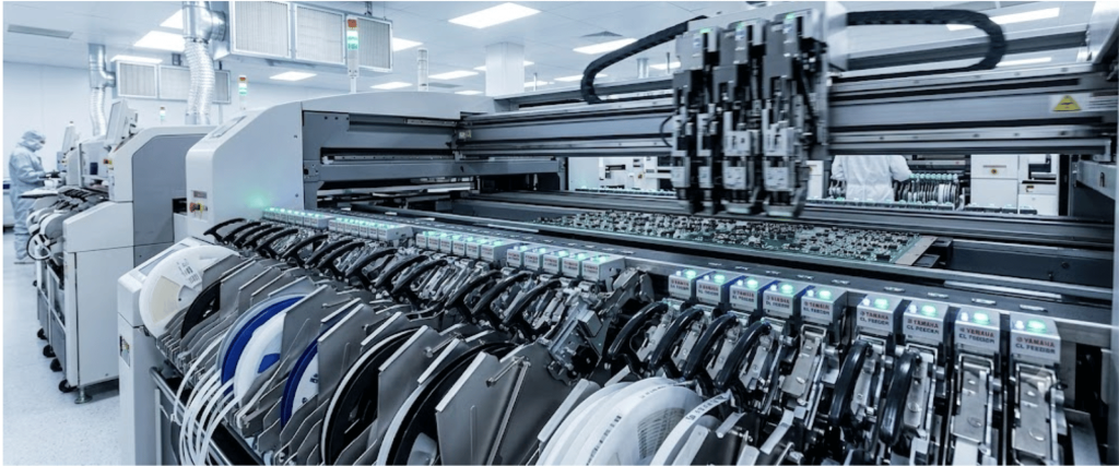 Yamaha CL 12mm automated SMT production line with component feeders and pick-and-place machines in a modern electronics factory
