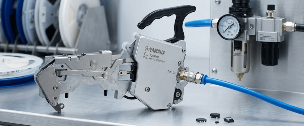 Yamaha CL 12mm pneumatic feeder for precise component handling on an industrial assembly line with air supply system