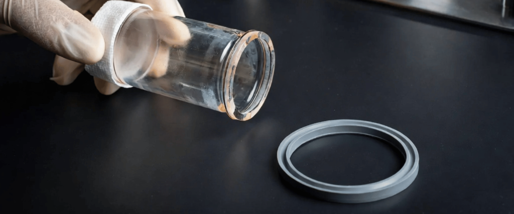 Elga UV glass tube being handled with a glove next to a seal ring on a black lab surface