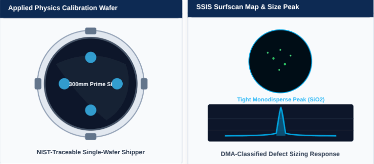 Wafer Standards graphic: 300mm prime silicon wafer, NIST-traceable shipper, SSIS Surfscan map, and defect peak chart