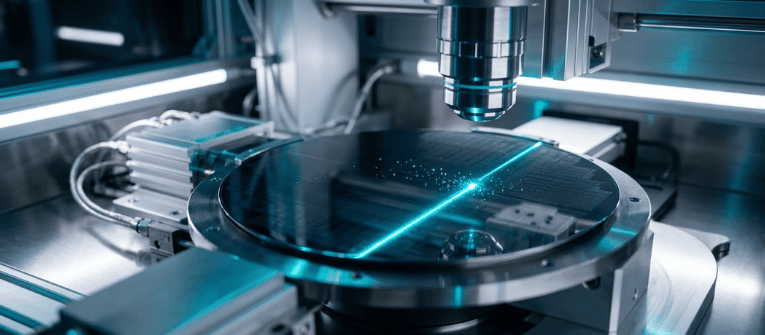Wafer Standards inspection in a semiconductor facility, showing a silicon wafer under precision laser scanning equipment and microscope