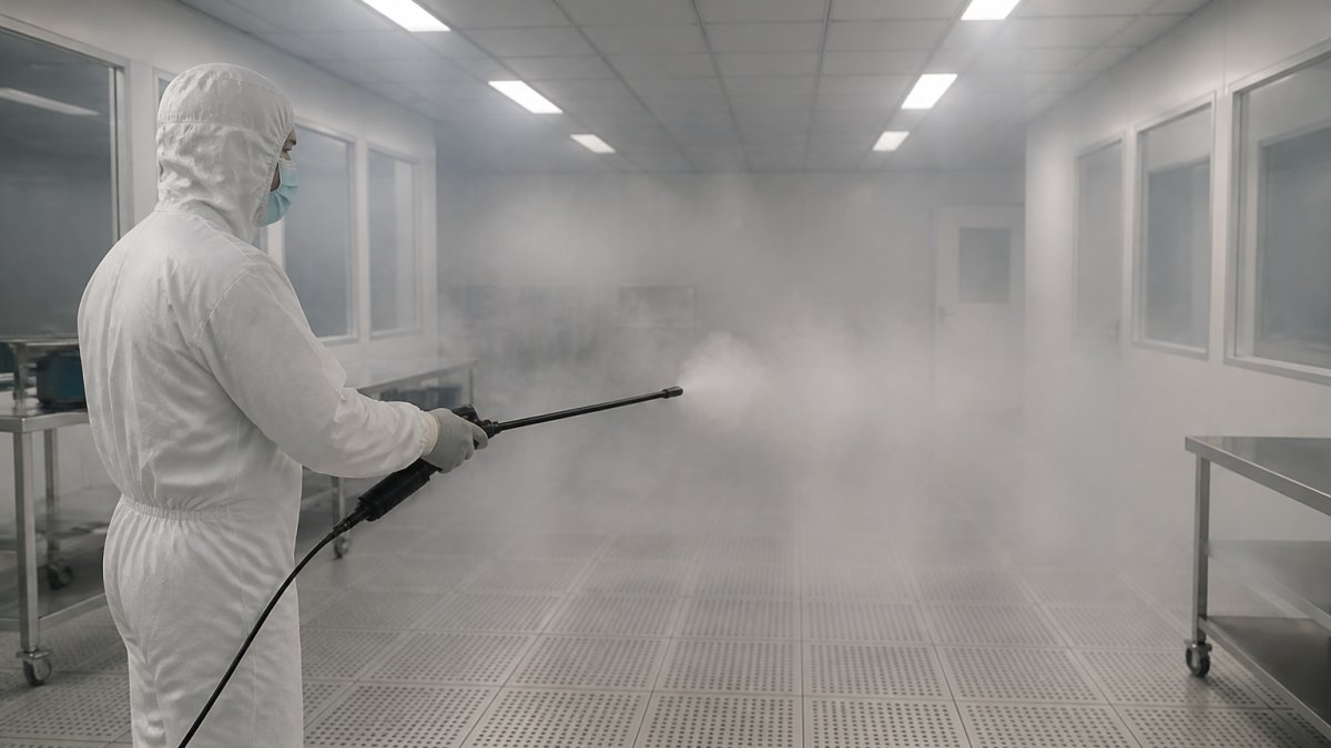 Cleanroom technician using a handheld fog visualization wand in a controlled cleanroom environment, with fog dispersing evenly through the air space to show airflow patterns