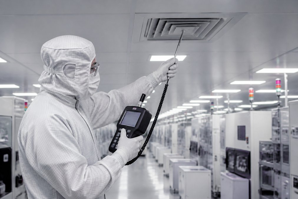 Technician in full protective cleanroom suit with hood and gloves operating a handheld particle counter device while monitoring airflow in a controlled semiconductor fabrication environment with bright overhead lighting and cleanroom infrastructure visible