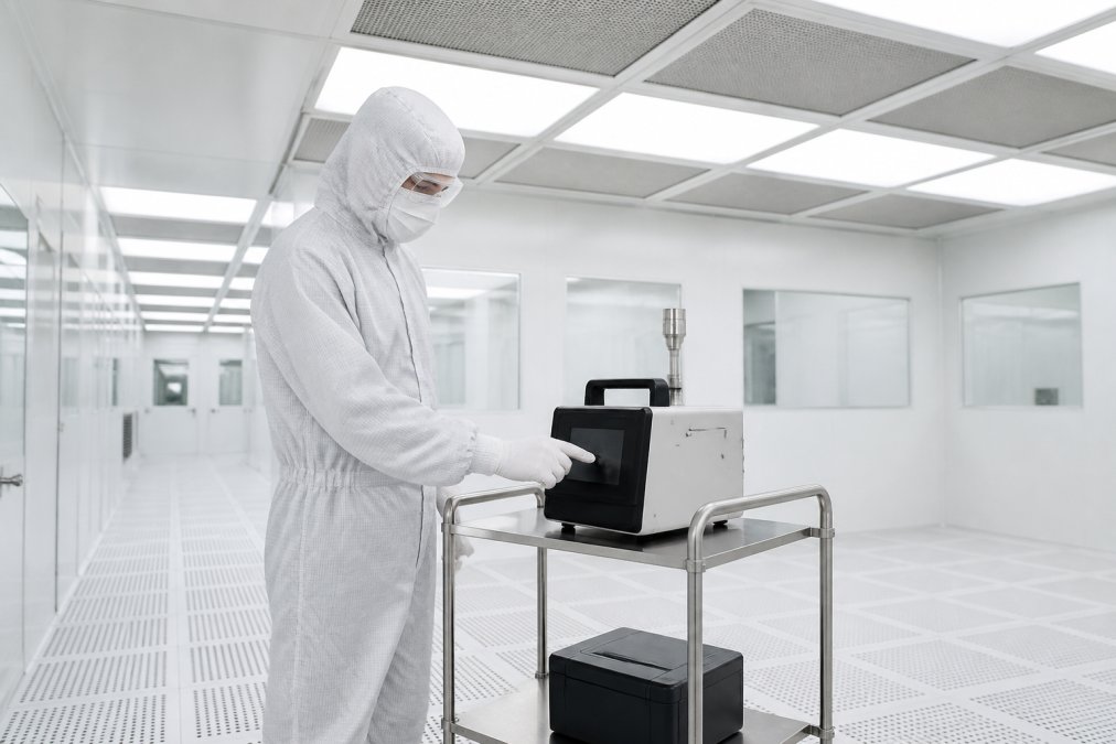 A cleanroom technician in a full gown, hood, and gloves operating a portable particle counter on a rolling cart inside a bright ISO Class 5 cleanroom with HEPA-filtered ceiling panels visible