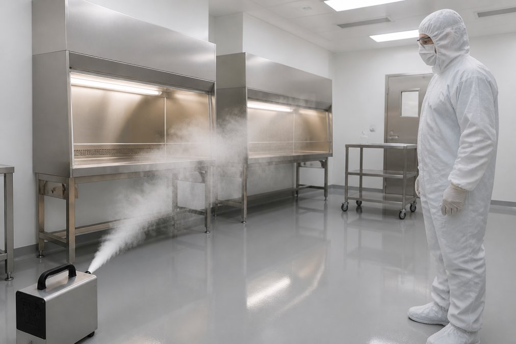 A cleanroom technician in full gowning observes airflow patterns from a fogger inside an ISO Class 7 cleanroom, with laminar flow hoods and stainless steel surfaces visible in the background