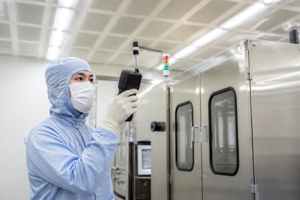 Technician using handheld particle counter device inside a cleanroom environment with visible airflow patterns and stainless steel equipment, professional lighting highlighting the measurement process