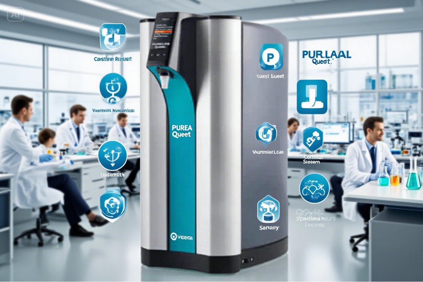 Modern laboratory with scientists working in the background and a central ELGA PURELAB Quest water purification unit. Icons around the unit represent features like consistent purity, various contaminants removal, safety, and reliability of purified water for lab use.
