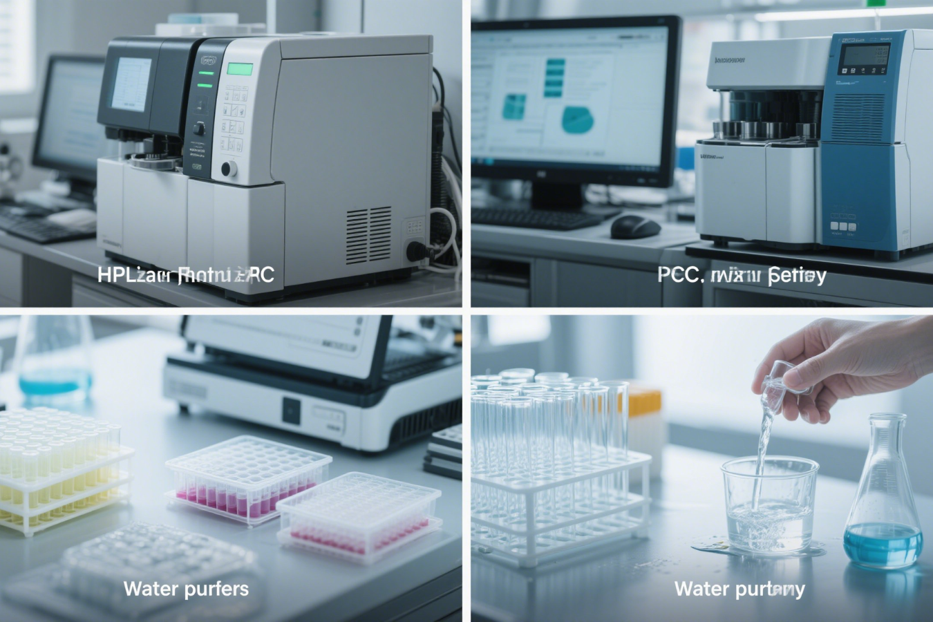 Four images showing lab equipment and activities:  HPLC machine for chemical analysis. PCC instrument for particle size testing. Lab trays with liquid samples for testing. Hand pouring purified water into a beaker with test tubes nearby