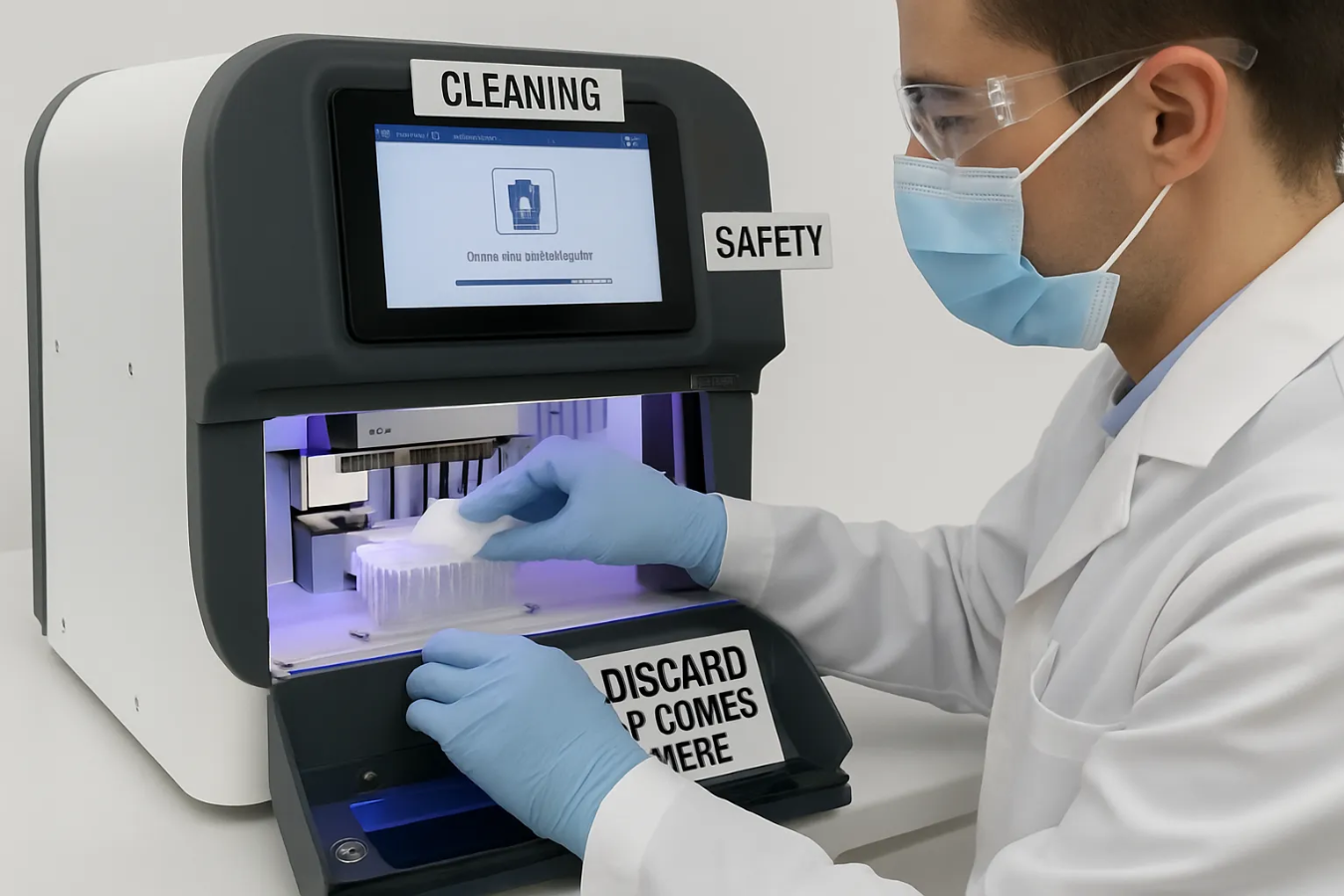 Lab worker wearing PPE (mask, gloves, goggles) operating an automated lab cleaning machine; labeled sections: Cleaning, Safety, Discard tip comes here.