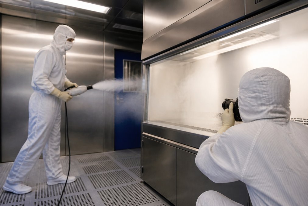 A cleanroom technician in full gowning, including hood and gloves, operating a portable fogger inside a stainless-steel ISO Class 7 cleanroom while a colleague photographs airflow patterns from a laminar flow hood