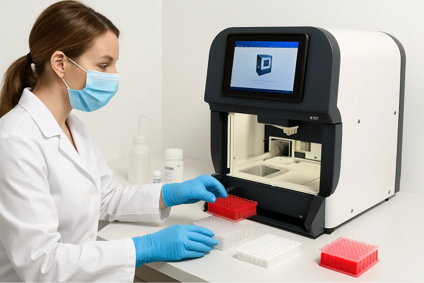 Lab tech wearing mask and gloves uses an automated PCR machine to test samples in a lab
