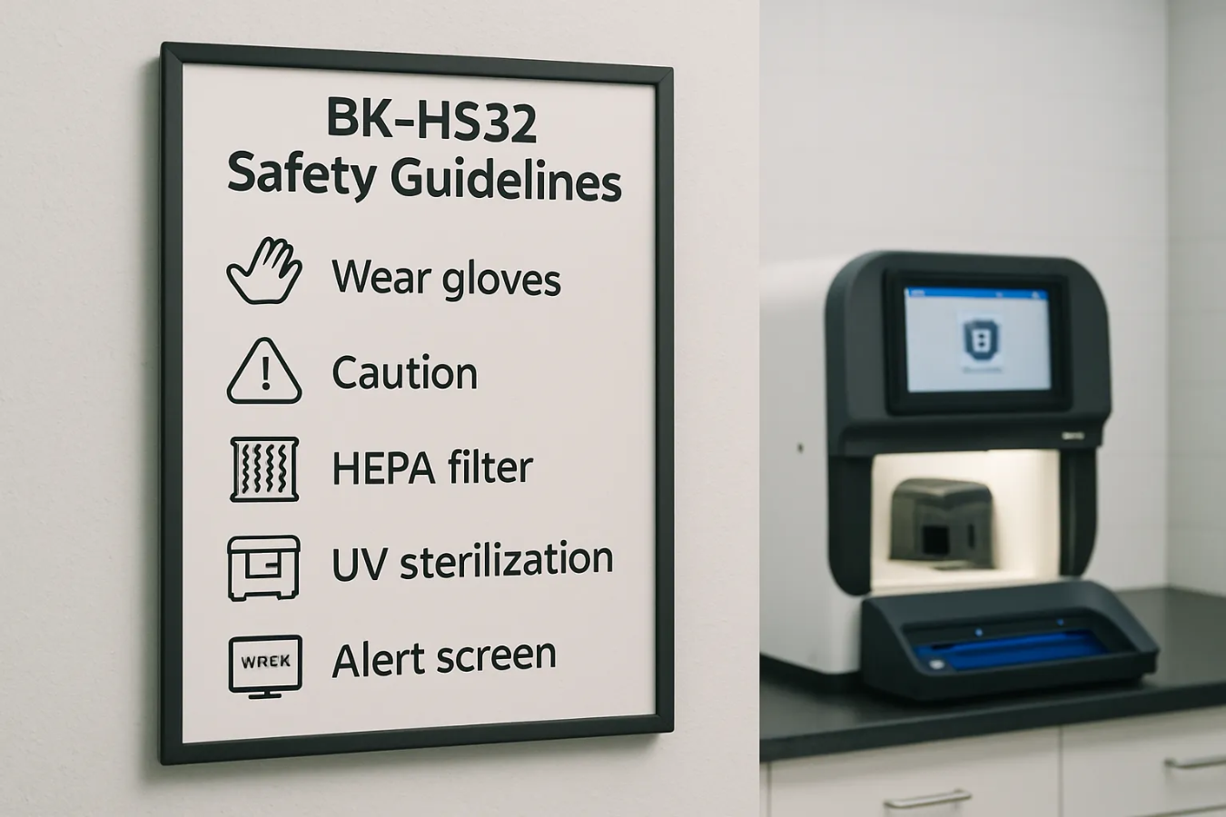 Safety guidelines sign for BK-HS32 device showing icons and instructions: wear gloves, caution, HEPA filter, UV sterilization, and alert screen, mounted on wall next to the device