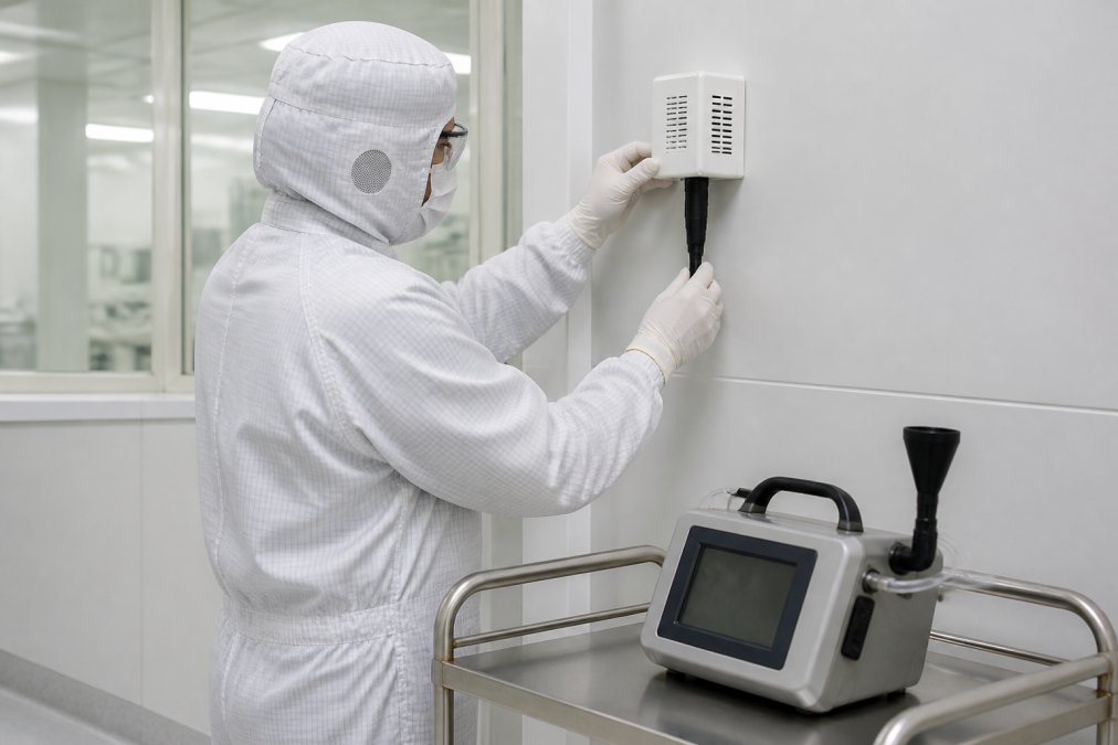 A cleanroom technician in full gowning calibrating a wall-mounted humidity and temperature sensor, with a handheld particle counter resting on a stainless steel cart nearby