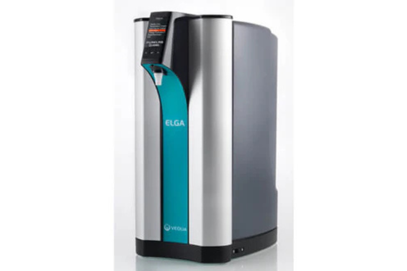 ELGA water purification system, compact design, stainless steel and teal front panel, digital display on top