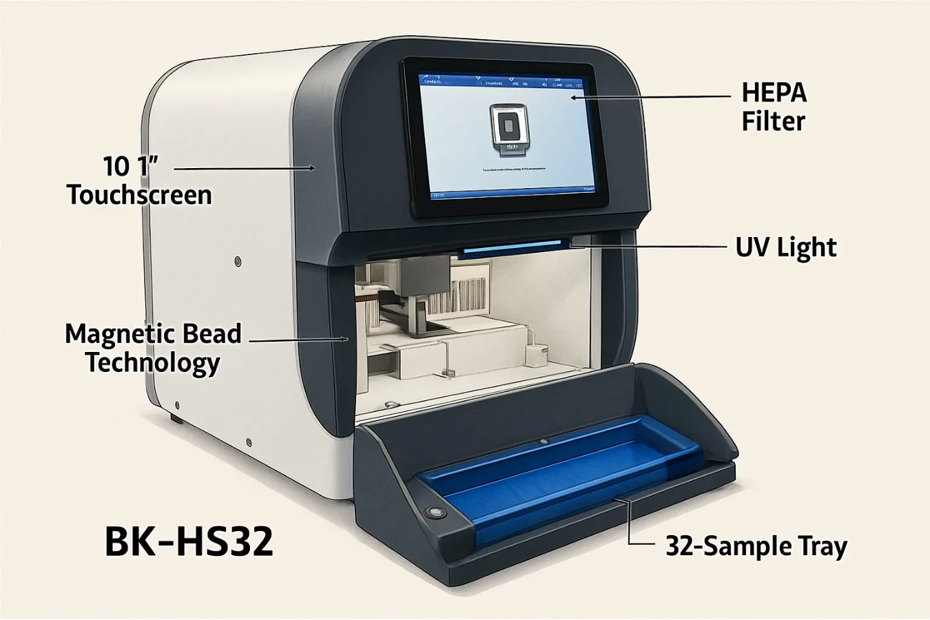 BK-HS32 device with 10.1” touchscreen, HEPA filter, UV light, magnetic bead technology, and 32-sample tray