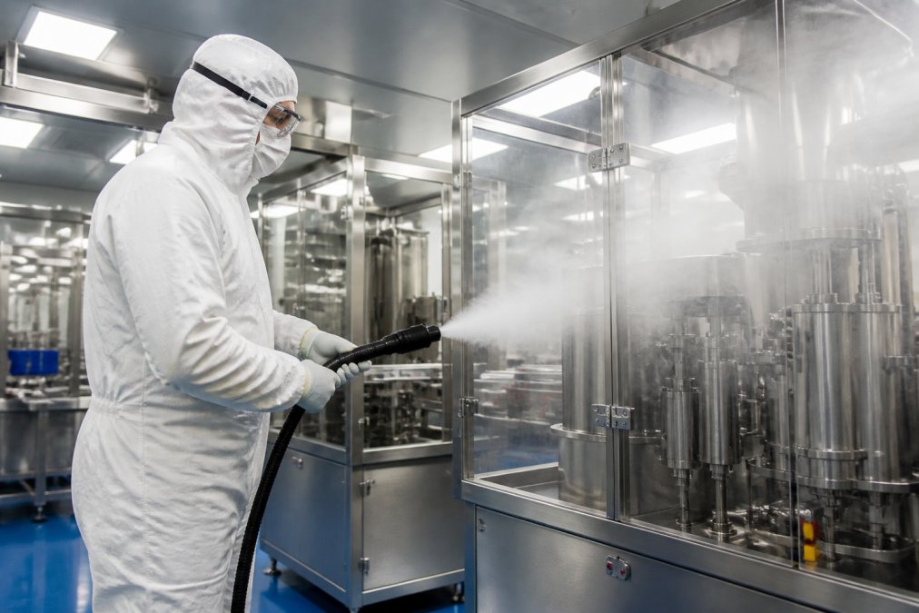 Cleanroom technician in full protective gear conducting a smoke study with a handheld fogger wand, observing fog patterns in a pharmaceutical manufacturing cleanroom with bright overhead lighting