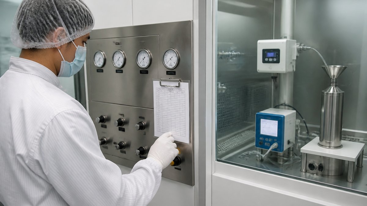 Cleanroom technician monitoring real-time data on a control panel display, with particle counters and sensor equipment visible in the background