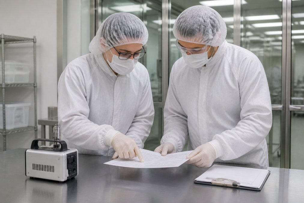 A cleanroom manager and a validation engineer in full gowning reviewing a printed audit checklist on a stainless steel table inside a cleanroom, with a particle counter and clipboard visible